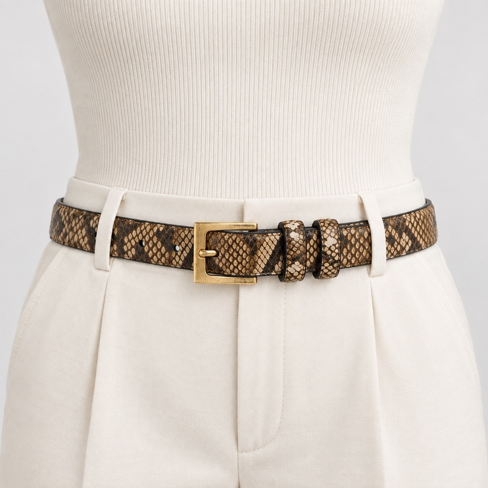 Italian Python Print Leather Belt Size L Brown Snakeskin Italian Made Western